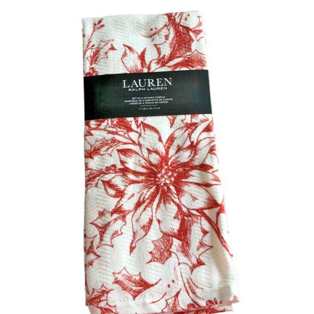 Ralph Lauren Kitchen Dish Towels Set of 2 Floral Christmas Poinsettia Red White